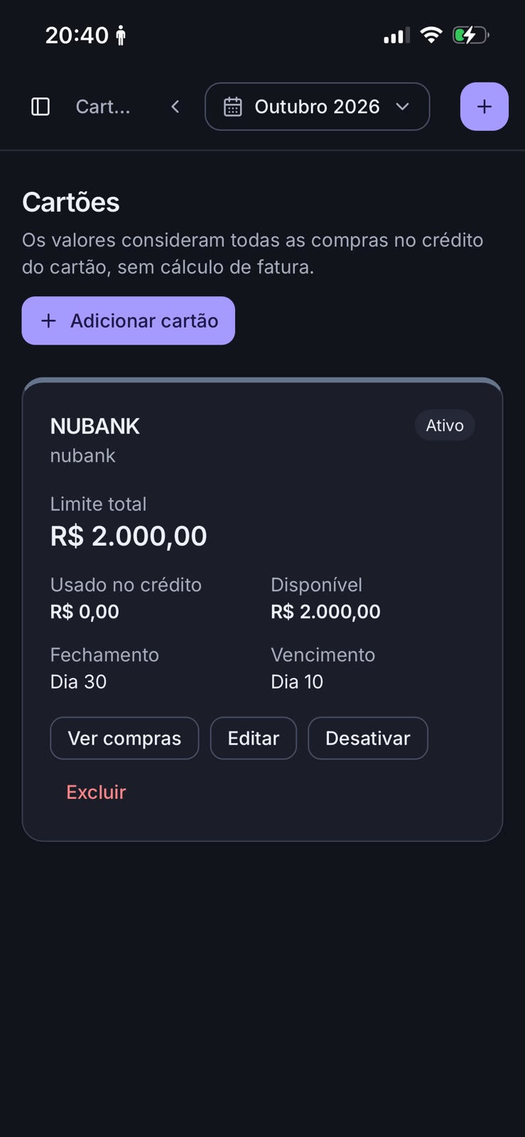 Screenshot real da tela de Cartões do Norte Financeiro, com limite total, utilizado e disponível, fechamento e vencimento.