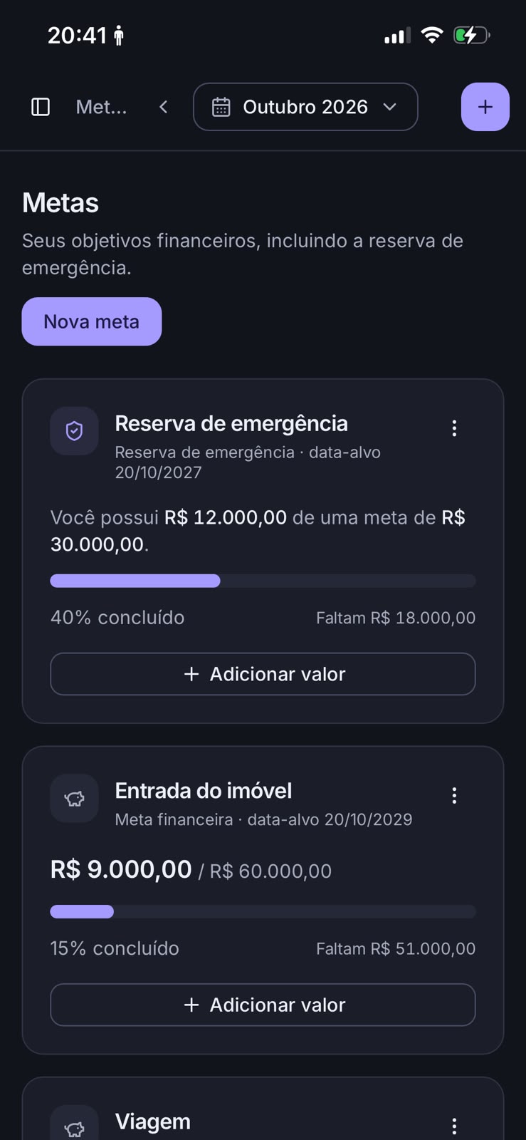 Screenshot real da tela de Metas do Norte Financeiro, exibindo objetivos, valores atuais, progresso e quanto falta para cada meta.