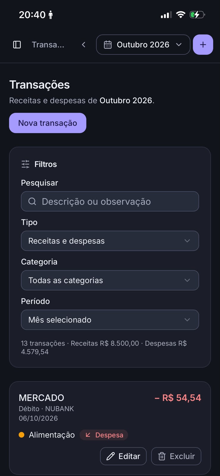 Screenshot real da tela de Transações do Norte Financeiro.